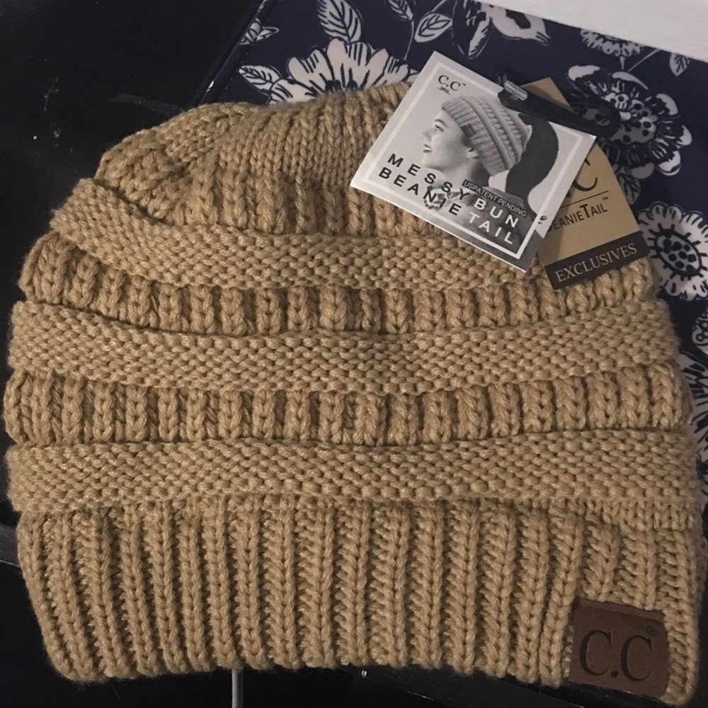 C. C Messy Bun Beanie